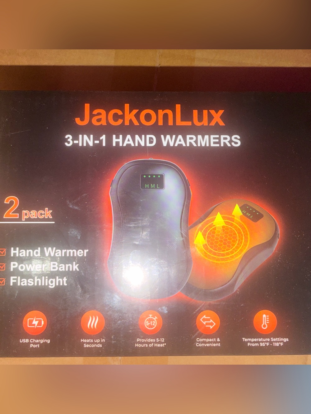 JACKONLUX Black Hand Warmers w/power bank and flashlight  (2-Pack)